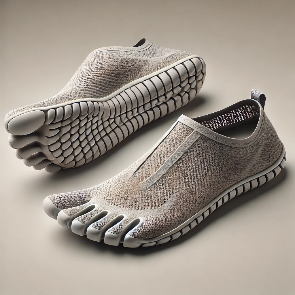 DALLu00b7E 2024 08 14 12.35.16   A pair of minimalist or barefoot running shoes on a clean, neutral background. The shoes should have a sleek, low profile design with very thin soles 